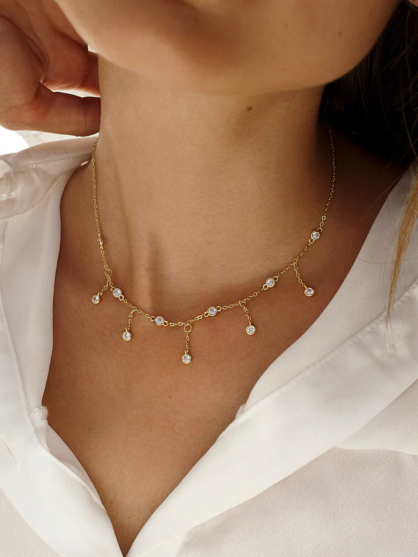 Lineargent Collana in argento pendente con design a cascata di zirconi dorati
