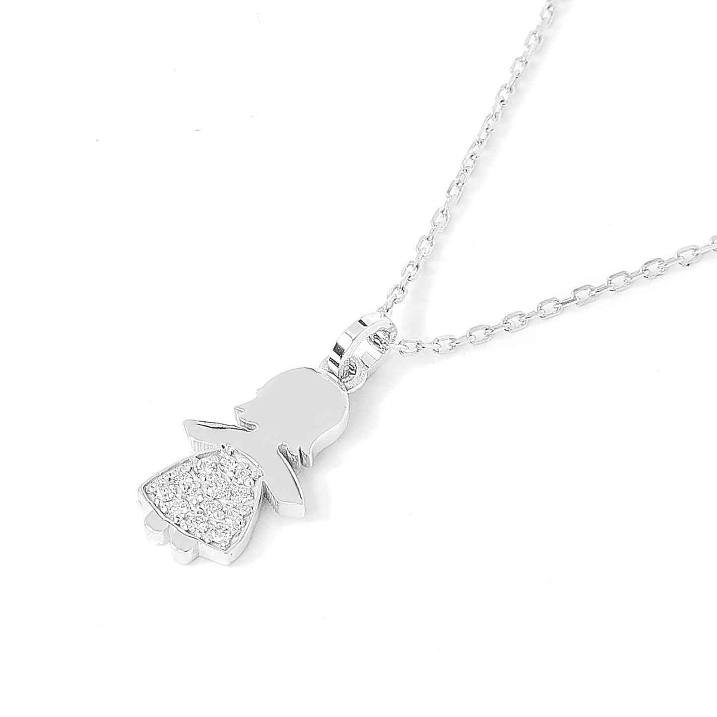 Collana in oro bianco con pendente bimba e diamanti