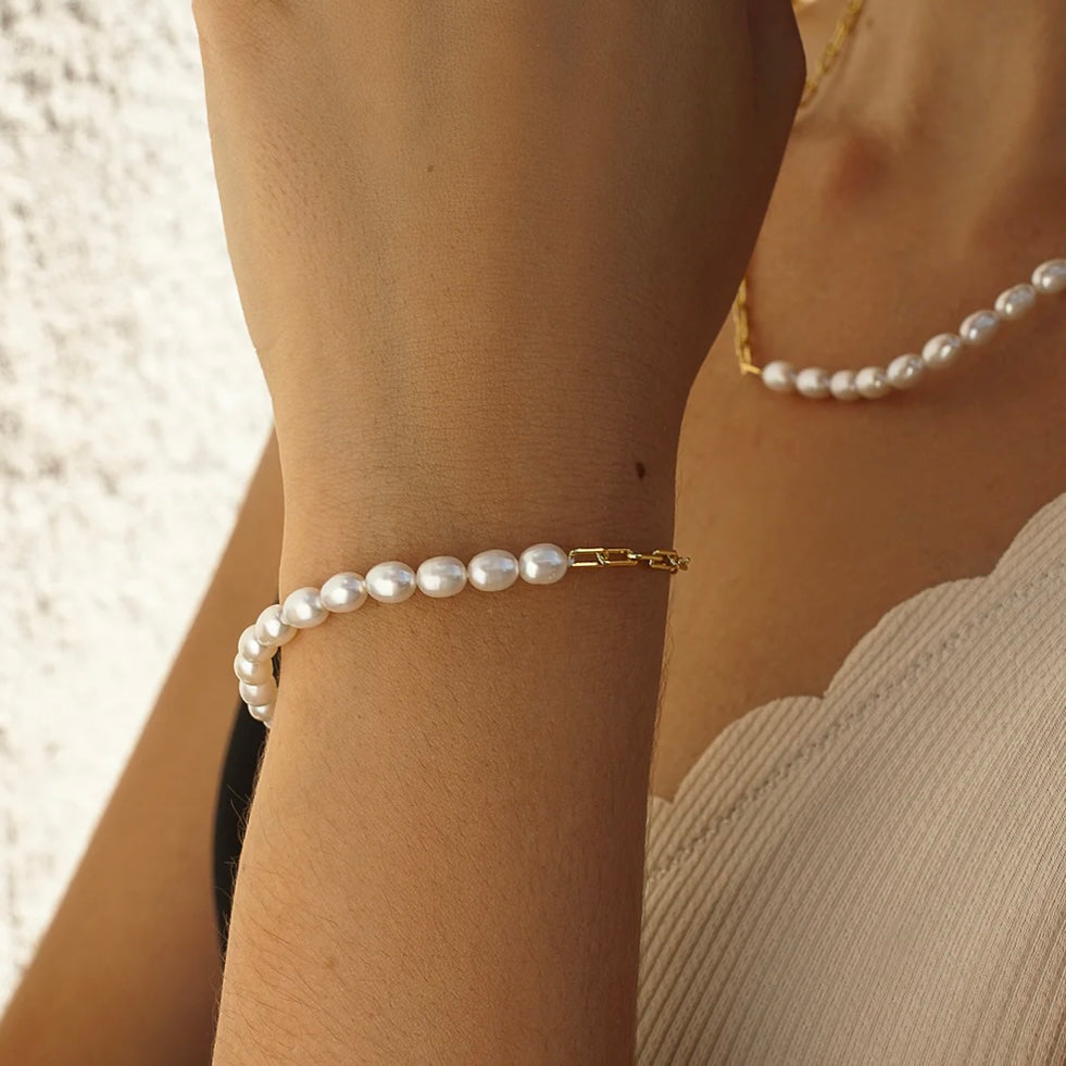 Lineargent bracciale di perle con design a catena con graffetta