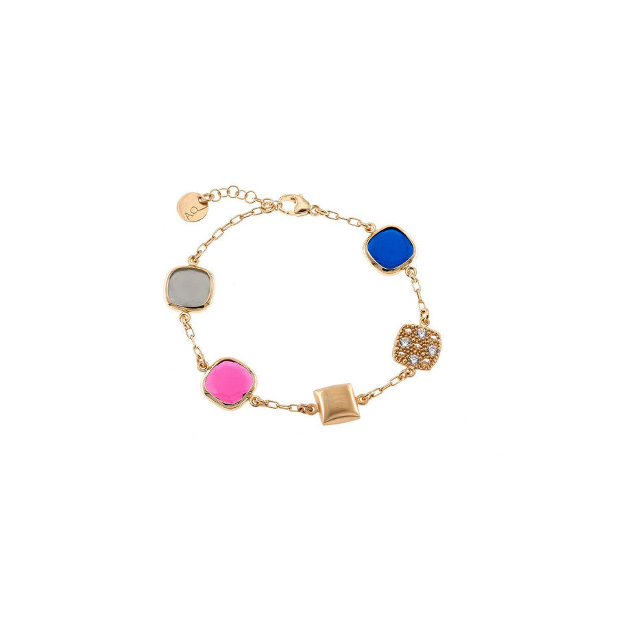 Aquaforte Reverse Caramelle bracelet with square bar of soap, pearl grey, fuchsia red and satin blue glass paste, antique cut and reverse pavè