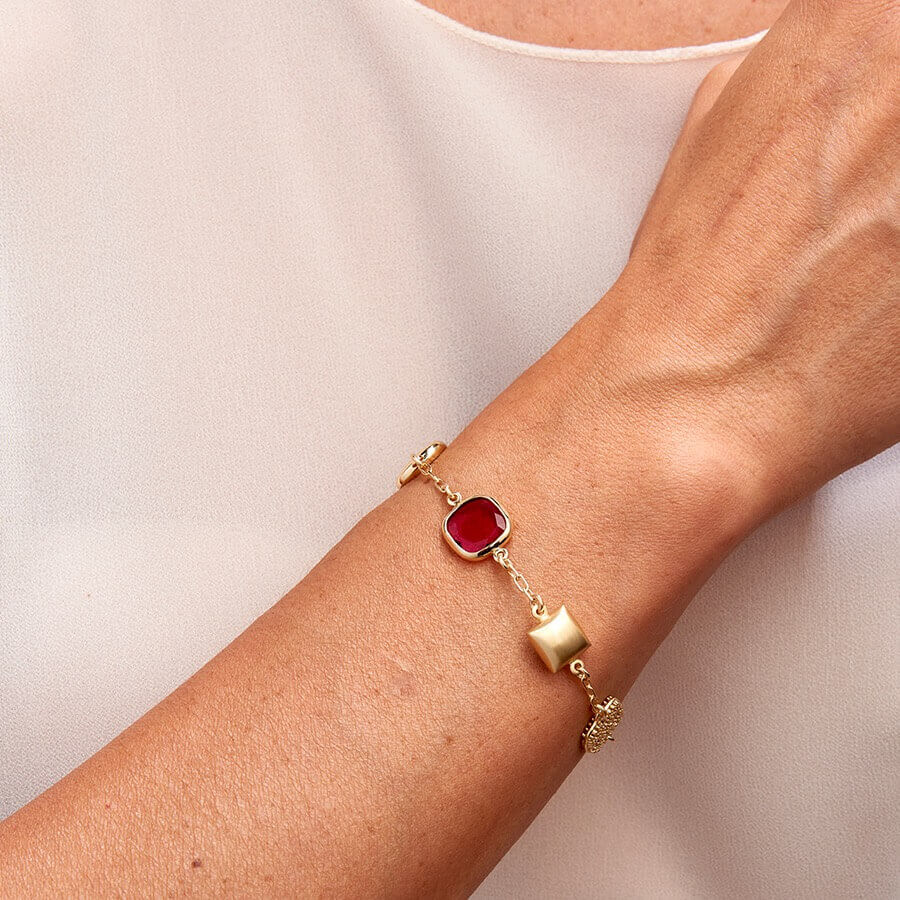 Aquaforte Bracciale Caramelle Reverse con saponetta quadrata, paste vitree grigio perla, rosso fucsia e blu satinato taglio antico e reverse pavè