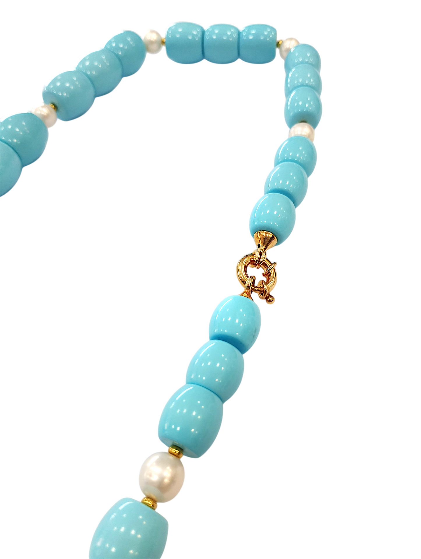 Collana in Turchese Ricostruito, Perle Naturali di Acquadolce e Argento 925 Dorato – cm 62