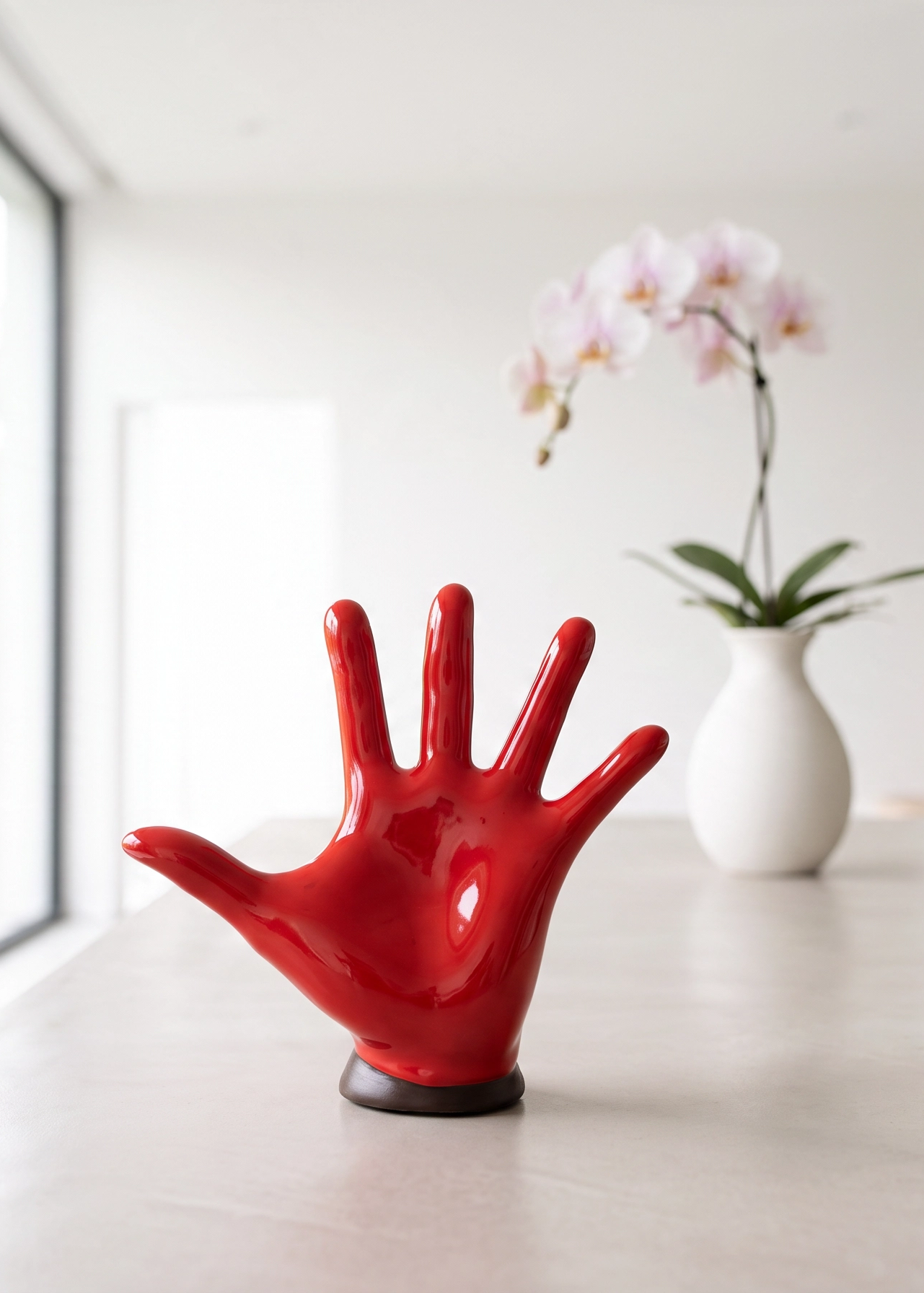 Statuina Mano Aperta h16 – Ceramica Smaltata Rossa con Base Marrone Satinata
