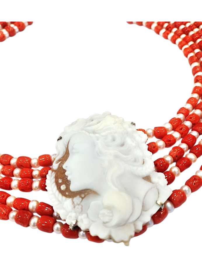 Collana in Corallo Mediterraneo, Perle di Acqua Dolce e Cameo Sardonico Sfioccato – Argento 925 (cm 50)
