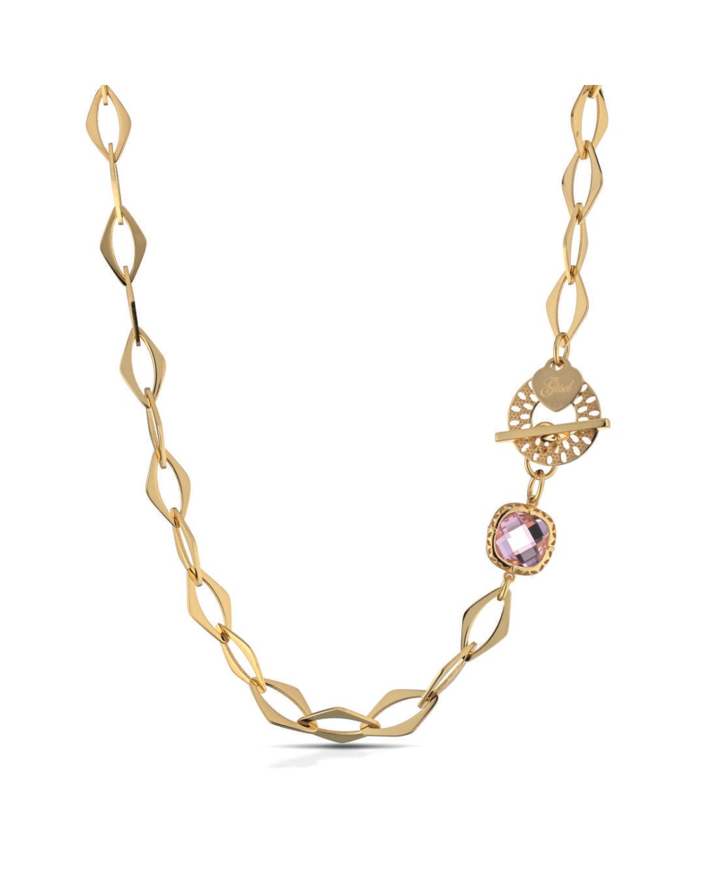 Gisel collana in bronzo dorato pendente con pietra rosa laterale