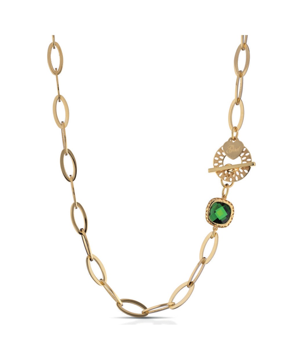 Gisel collana in bronzo dorato pendente con pietra verde laterale
