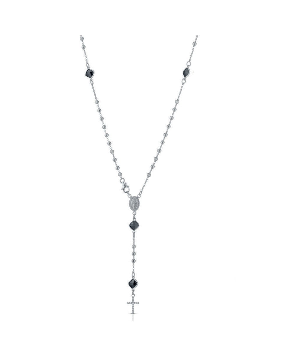 Ananda collana rosario in argento rodiato con pietre scure e croce pendente di zirconi bianchi