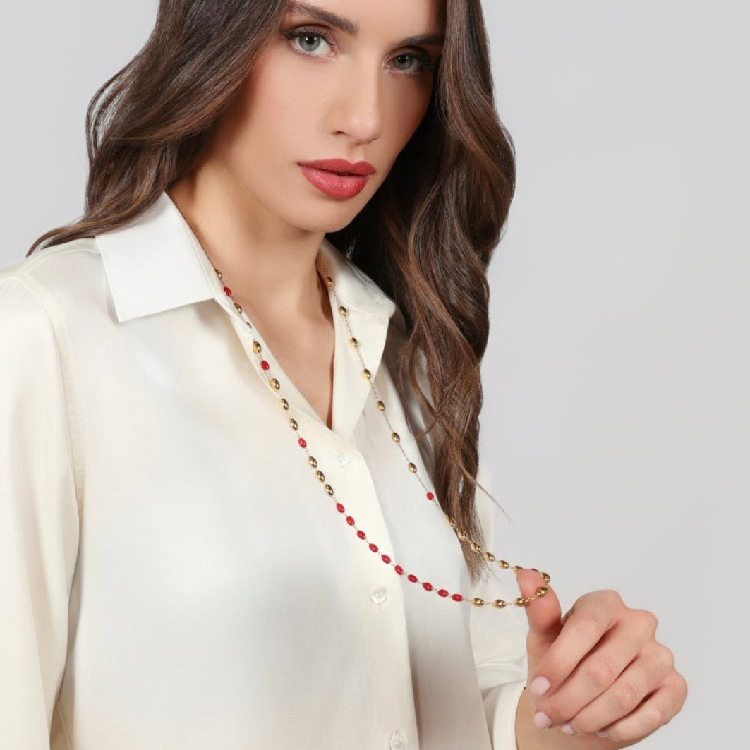 Unoaerre collana lunga boule in argento dorato e corallo