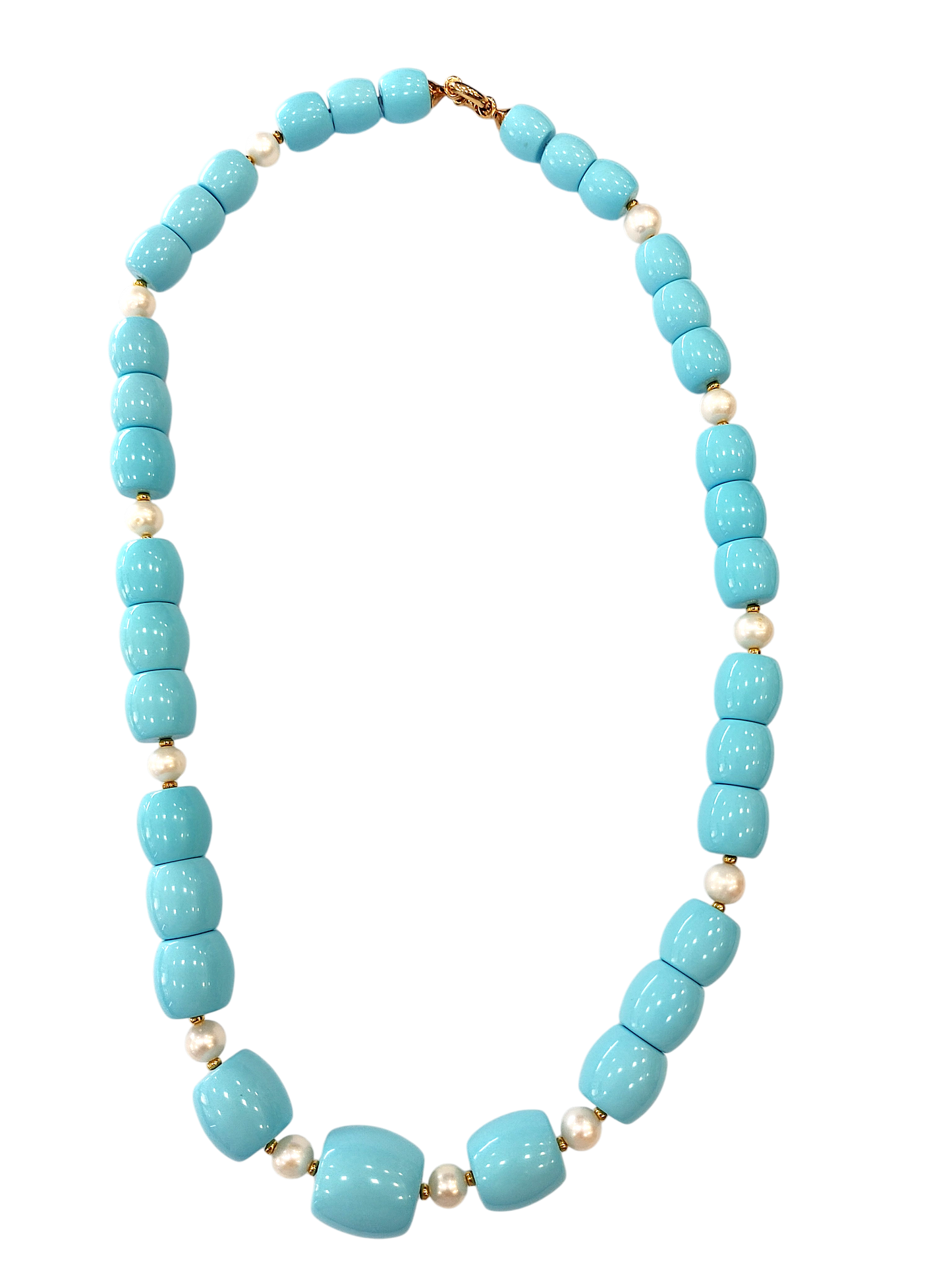 Collana in Turchese Ricostruito, Perle Naturali di Acquadolce e Argento 925 Dorato – cm 62