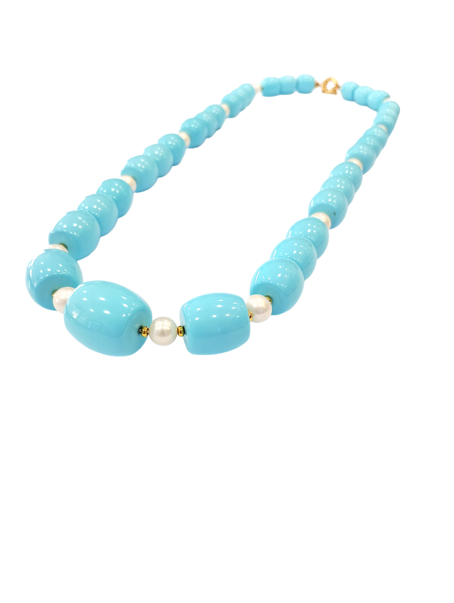 Collana in Turchese Ricostruito, Perle Naturali di Acquadolce e Argento 925 Dorato – cm 62