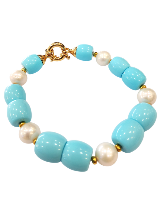Bracciale in Turchese Ricostruito, Perle Naturali di Acquadolce e Argento 925 Dorato