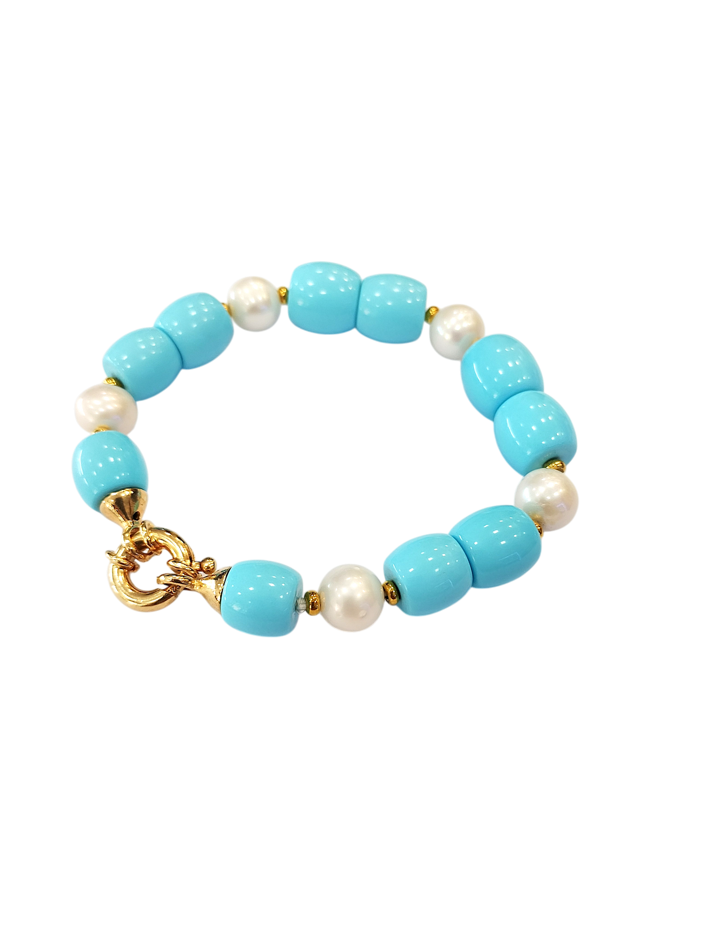 Bracciale in Turchese Ricostruito, Perle Naturali di Acquadolce e Argento 925 Dorato