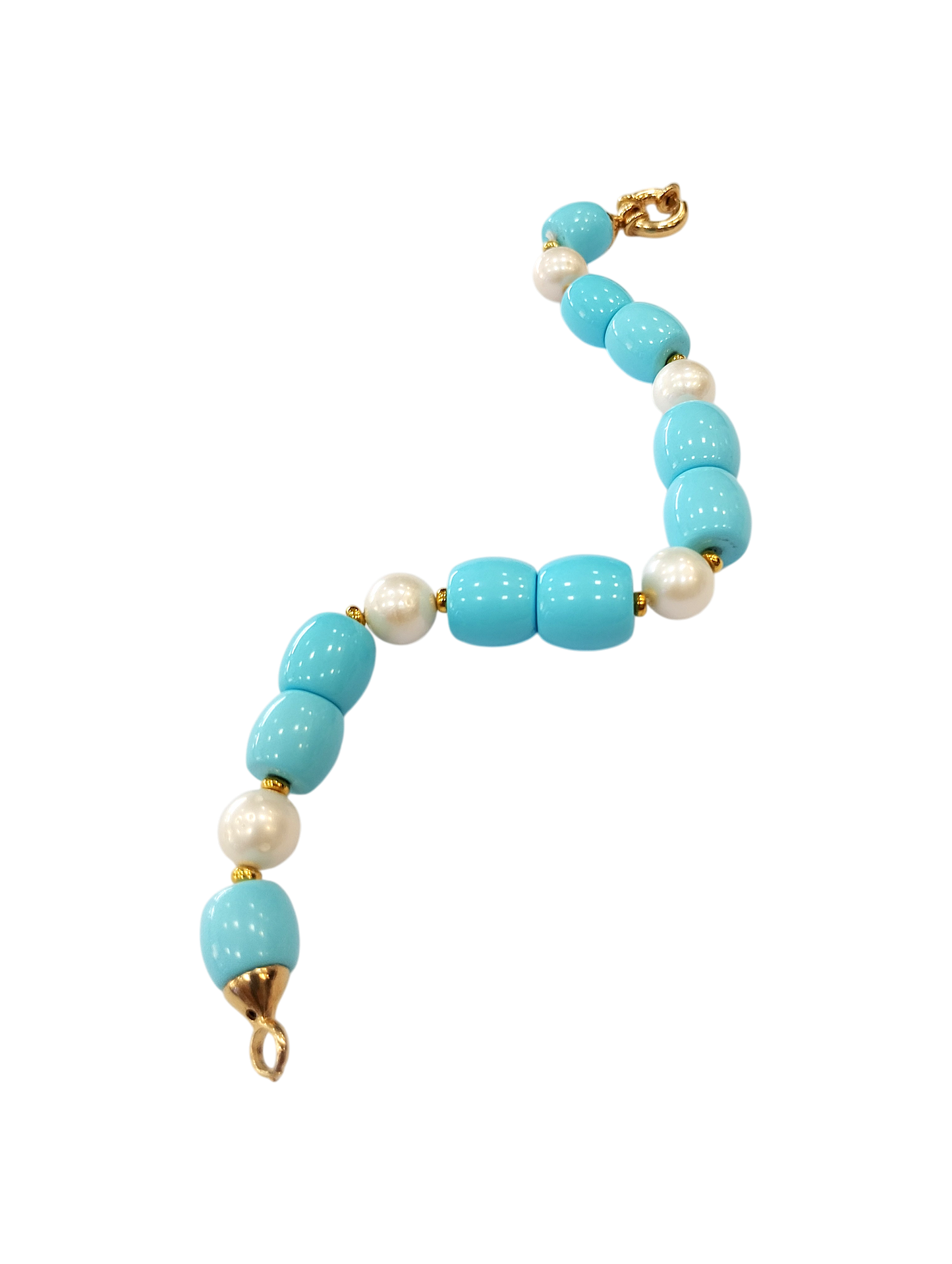 Bracciale in Turchese Ricostruito, Perle Naturali di Acquadolce e Argento 925 Dorato