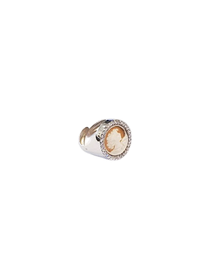 Anello in Argento 925 con Cameo da 14 mm e Zirconi – Misura Regolabile