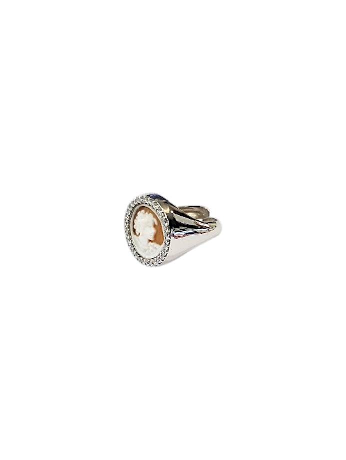 Anello in Argento 925 con Cameo da 14 mm e Zirconi – Misura Regolabile