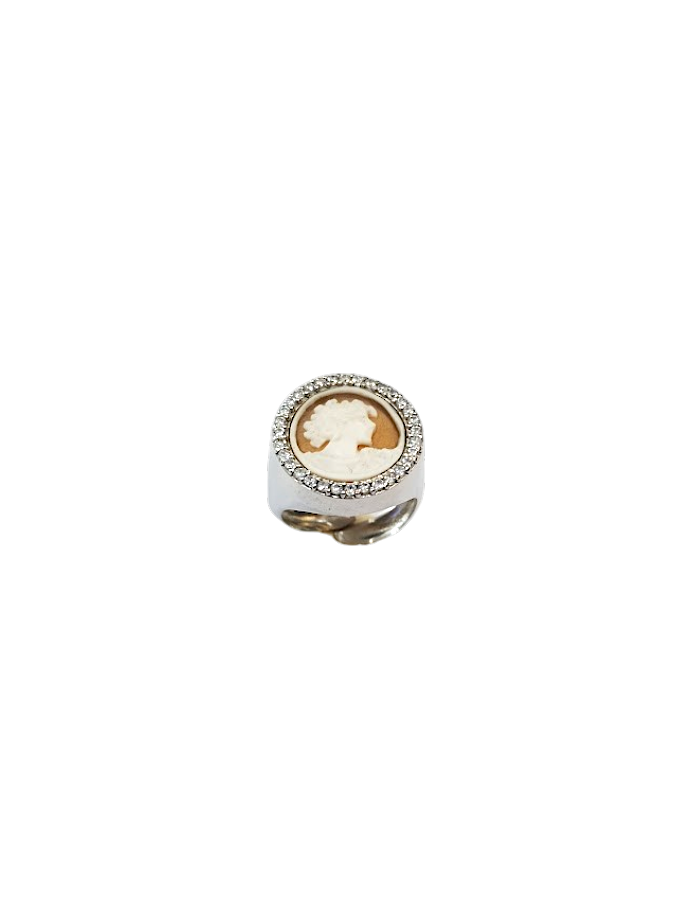 Anello in Argento 925 con Cameo da 14 mm e Zirconi – Misura Regolabile