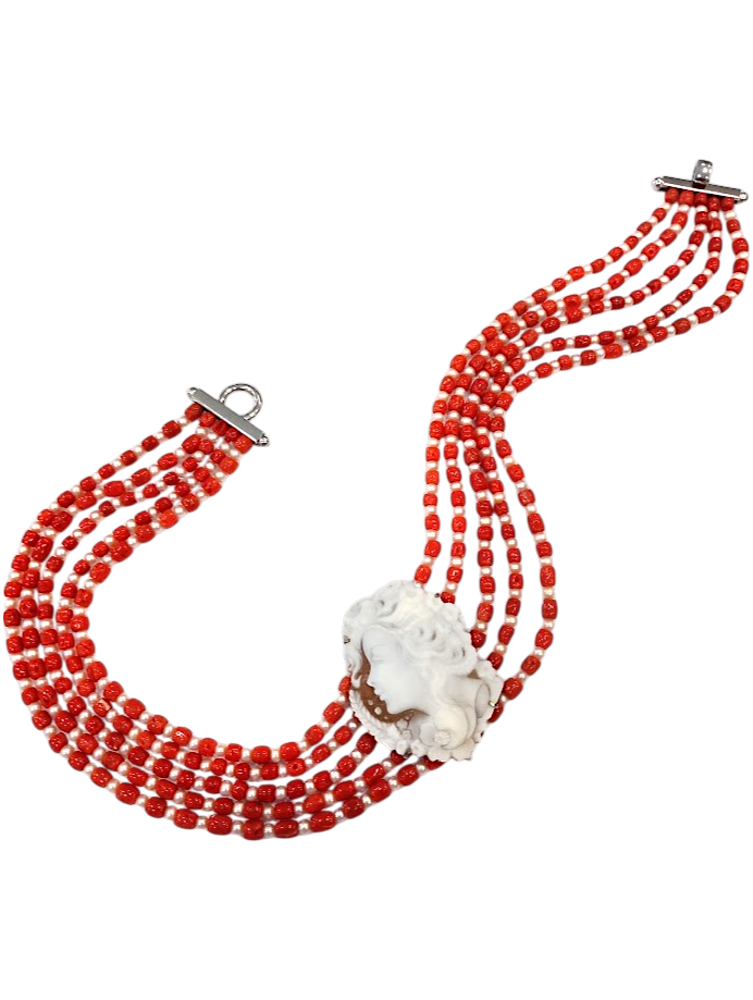Collana in Corallo Mediterraneo, Perle di Acqua Dolce e Cameo Sardonico Sfioccato – Argento 925 (cm 50)