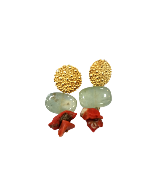 Orecchini in Corallo Mediterraneo Spezzato, Prinite e Argento 925  Dorato