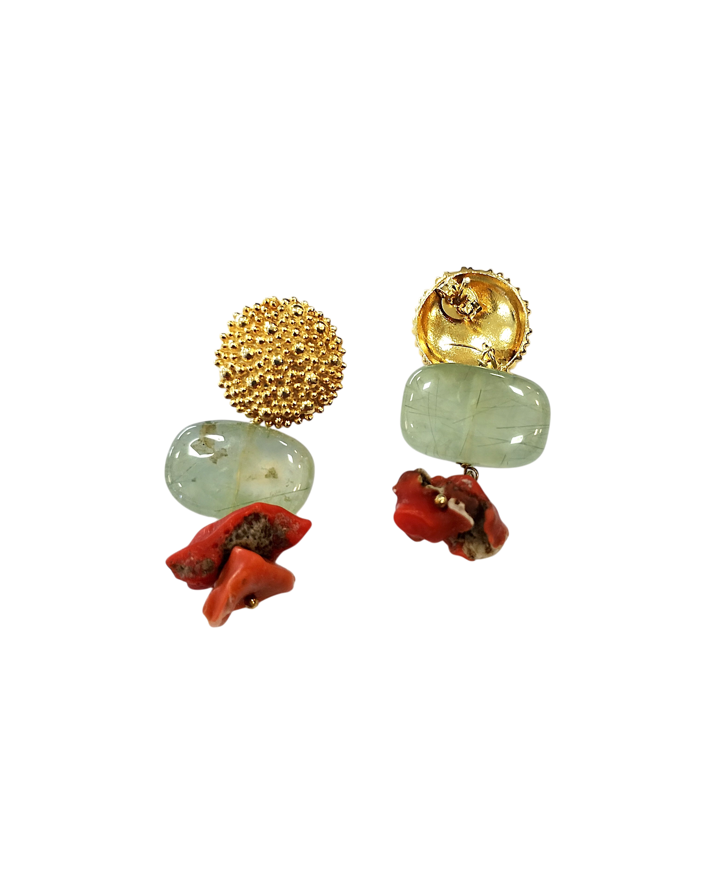 Orecchini in Corallo Mediterraneo Spezzato, Prinite e Argento 925  Dorato