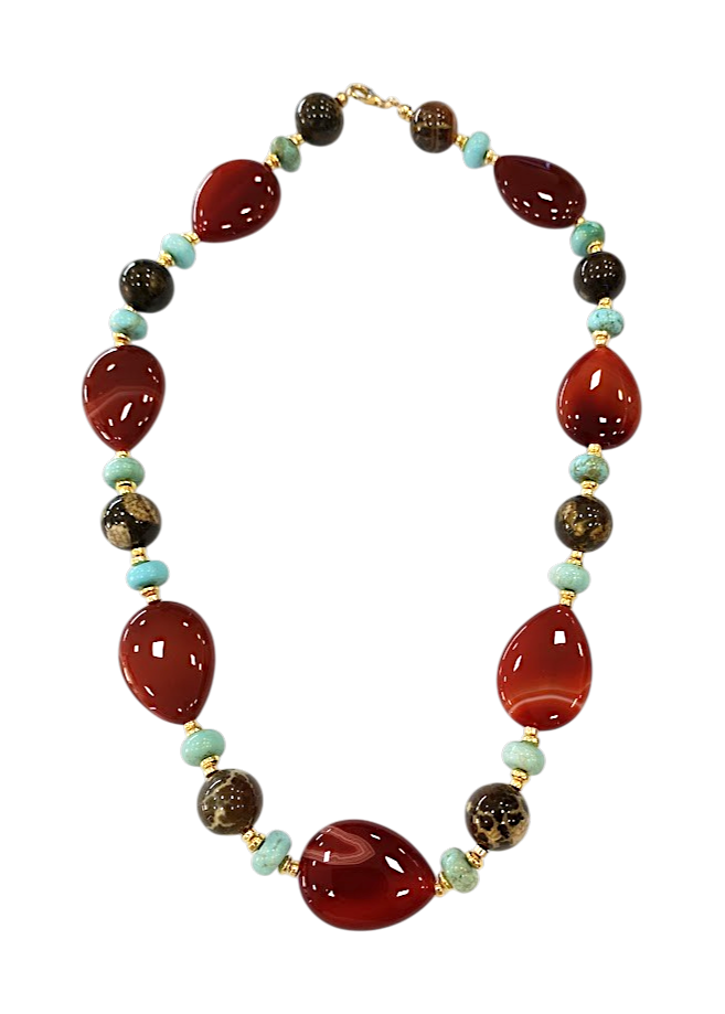 Collana in Pietre Dure di Forme Varie – Corneola, Diaspro e Magnesite – Argento 925 (50 cm)