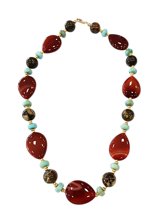 Collana in Pietre Dure di Forme Varie – Corneola, Diaspro e Magnesite – Argento 925 (50 cm)