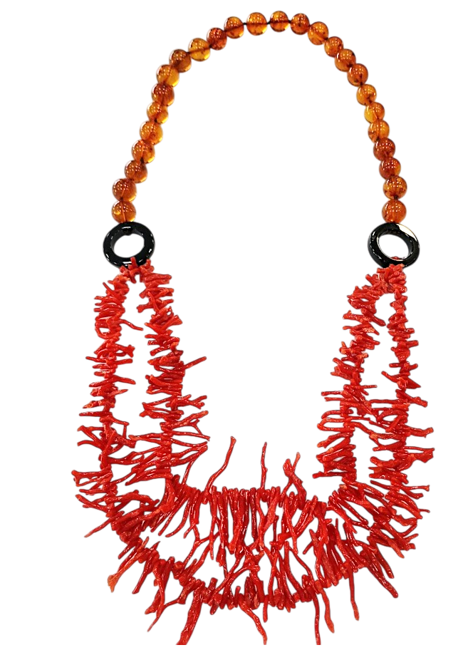 Collana in Corallo Mediterraneo Frange a 2 Fili con Dischi di Onice e Filo di Ambra Baltica – Lunghezza 80 cm