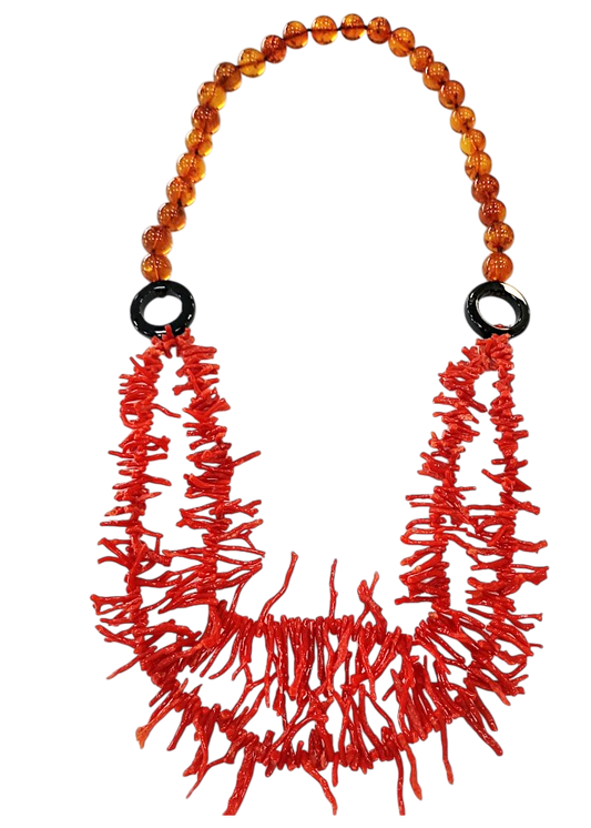 Collana in Corallo Mediterraneo Frange a 2 Fili con Dischi di Onice e Filo di Ambra Baltica – Lunghezza 80 cm