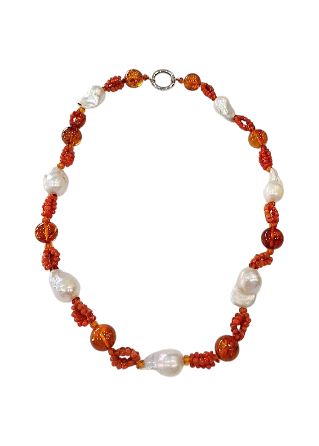 Collana in Ambra del Baltico, Perle Barocche e Corallo Mediterraneo – 55 cm