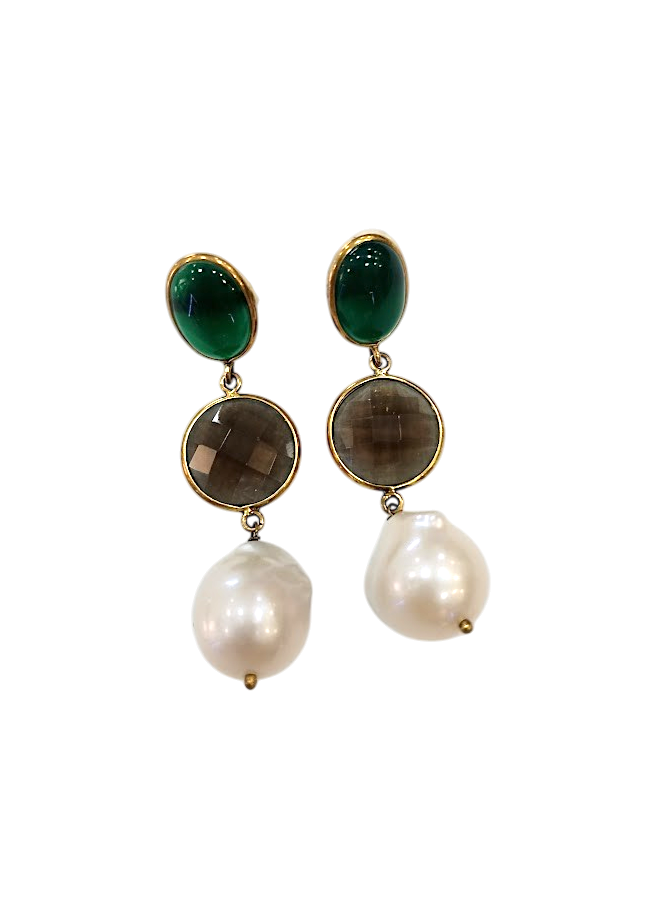 Orecchini in Argento 925 Dorato con Agata Verde, Quarzo Fumé e Perla Barocca
