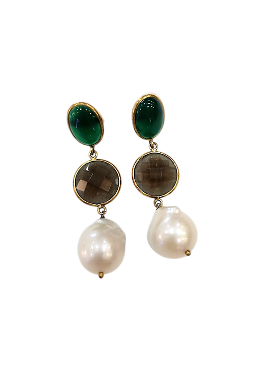 Orecchini in Argento 925 Dorato con Agata Verde, Quarzo Fumé e Perla Barocca