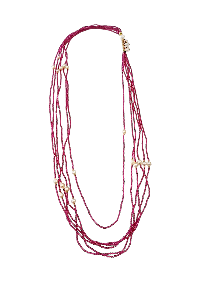 Collana Multifilo Cristalli Rubino e Perle –  90 cm, Perle d’Acqua Dolce 6 mm, Argento Dorato 925