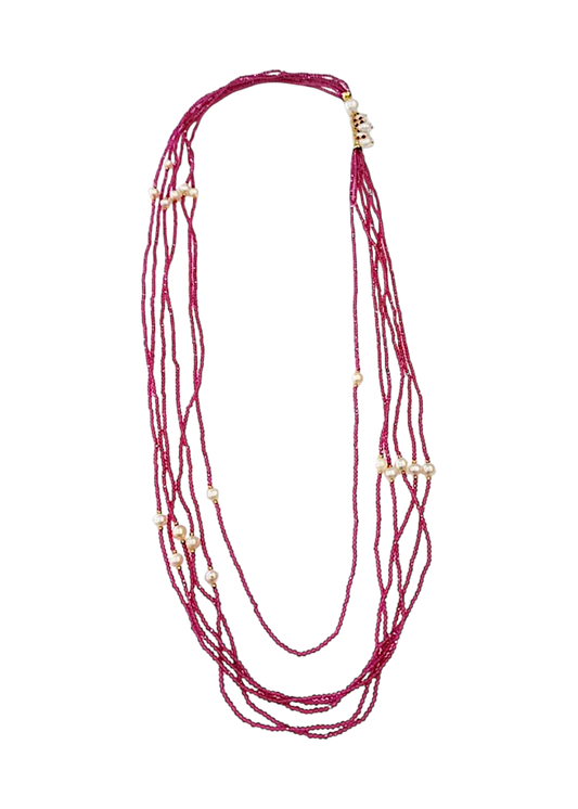 Collana Multifilo Cristalli Rubino e Perle –  90 cm, Perle d’Acqua Dolce 6 mm, Argento Dorato 925