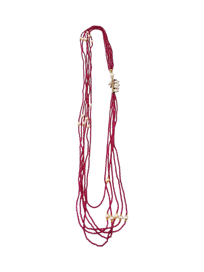 Collana Multifilo Cristalli Rubino e Perle –  90 cm, Perle d’Acqua Dolce 6 mm, Argento Dorato 925