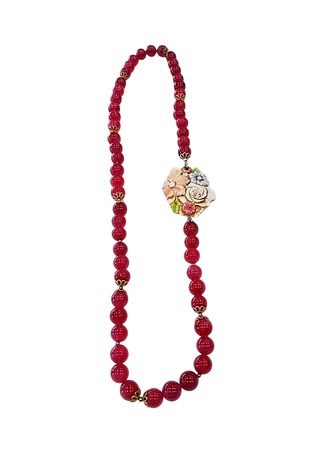 Collana in Agata Rossa 60 cm con Cameo Sfioccato Floreale Dipinto – Argento Dorato 925