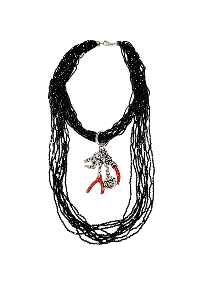 Collana Doppia in Spinello Nero Faccettato e Corallo Mediterraneo – Argento 925, Ciondolo Scaramantico (45 cm + 70 cm + ciuffo 10 cm)