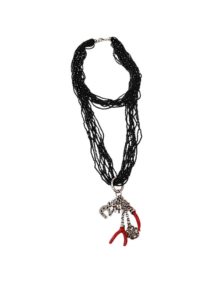 Collana Doppia in Spinello Nero Faccettato e Corallo Mediterraneo – Argento 925, Ciondolo Scaramantico (45 cm + 70 cm + ciuffo 10 cm)