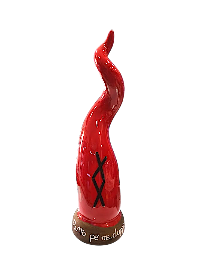 Corno Scaramantico in Ceramica Rossa – con base satinata e scritta scaramantica | 38 cm
