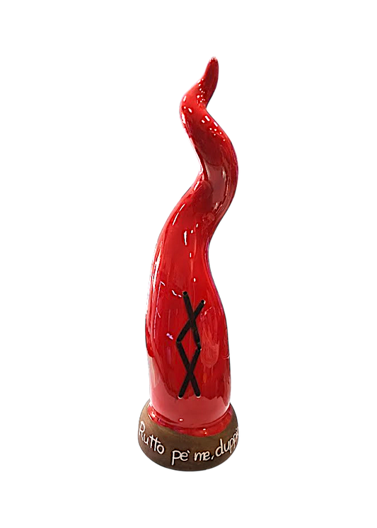 Corno Scaramantico in Ceramica Rossa – con base satinata e scritta scaramantica | 38 cm