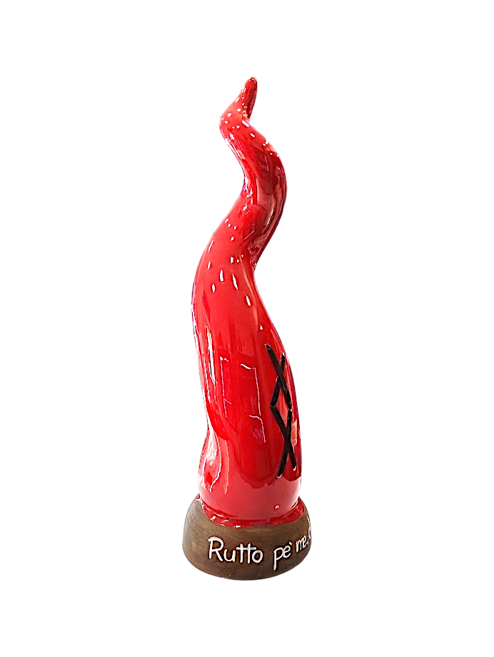 Corno Scaramantico in Ceramica Rossa – con base satinata e scritta scaramantica | 38 cm