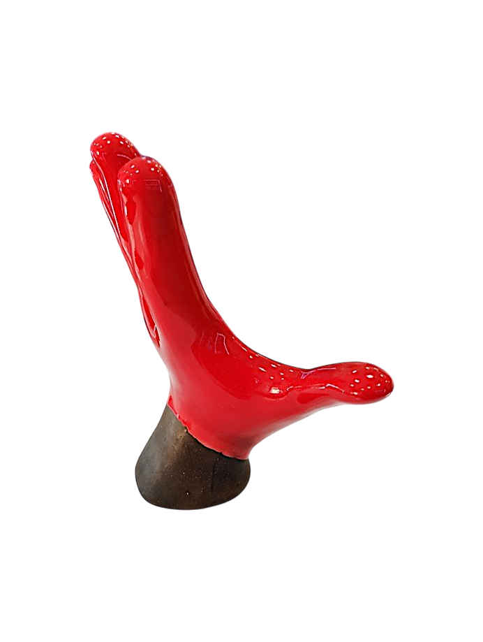 Statuina Mano Aperta h16 – Ceramica Smaltata Rossa con Base Marrone Satinata