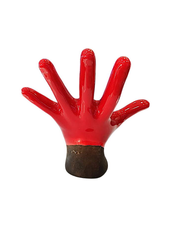 Statuina Mano Aperta h16 – Ceramica Smaltata Rossa con Base Marrone Satinata
