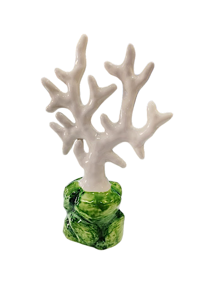 Ramo di Corallo in Ceramica Bianca con Base Verde – H 25 cm