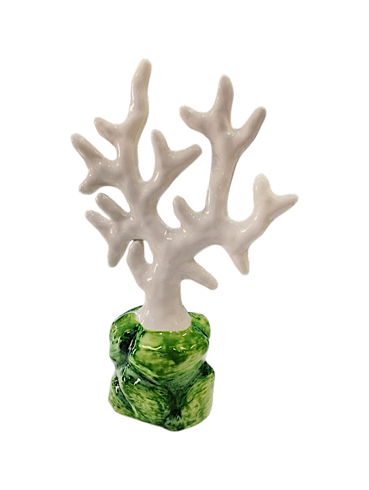 Ramo di Corallo in Ceramica Bianca con Base Verde – H 25 cm