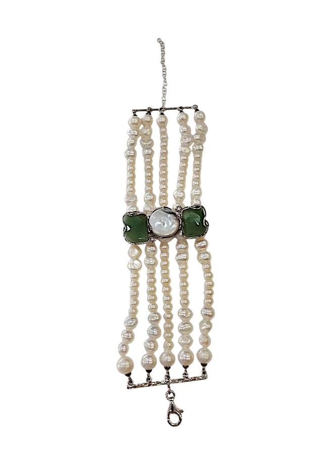 Bracciale Multifilo in Perle Naturali di Acquadolce e Perle Barocche – Argento 925 con Avventurina