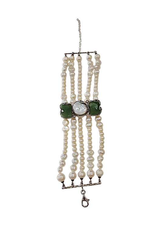 Bracciale Multifilo in Perle Naturali di Acquadolce e Perle Barocche – Argento 925 con Avventurina