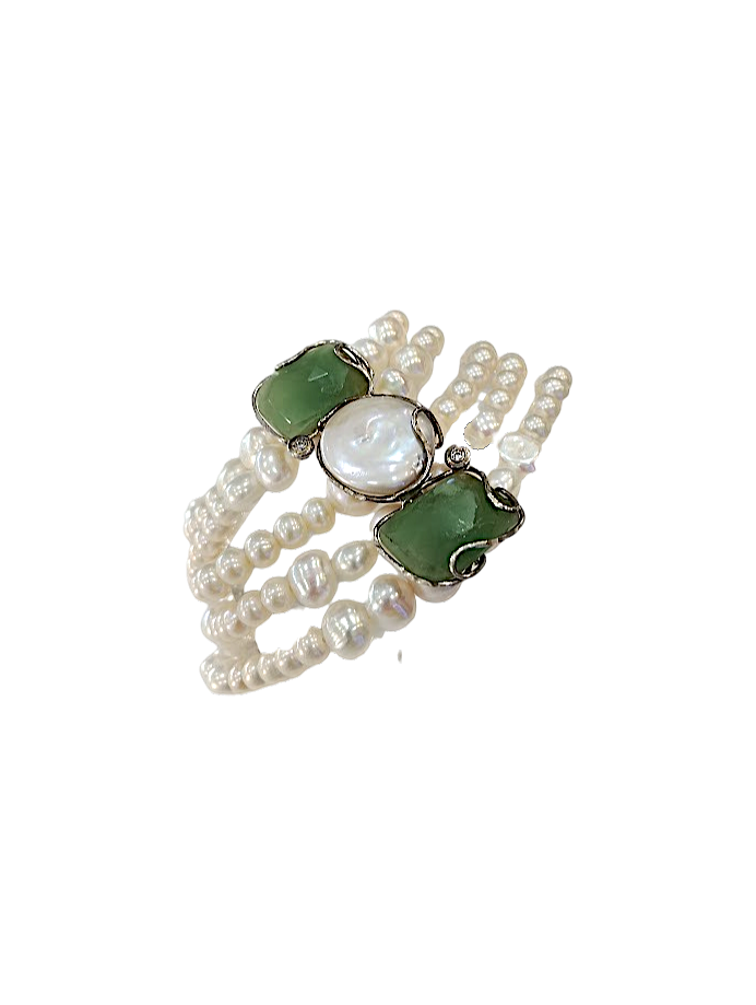 Bracciale Multifilo in Perle Naturali di Acquadolce e Perle Barocche – Argento 925 con Avventurina