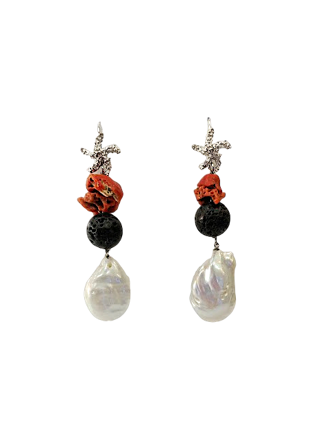 Orecchino in Corallo Mediterraneo Spezzato, Argento 925 ,Perle Barocche e pietra lavica