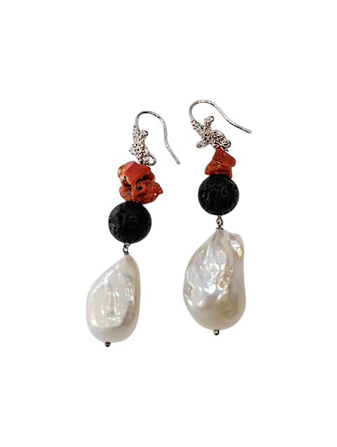 Orecchino in Corallo Mediterraneo Spezzato, Argento 925 ,Perle Barocche e pietra lavica