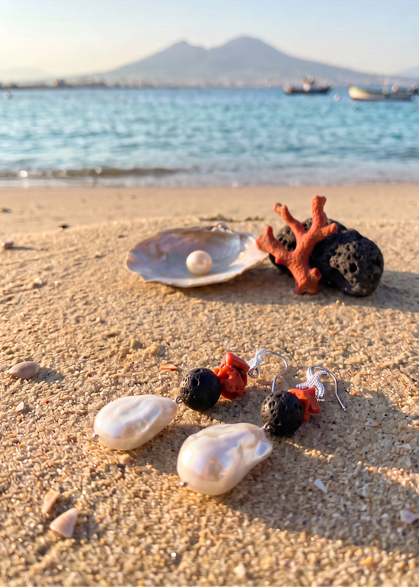 Orecchino in Corallo Mediterraneo Spezzato, Argento 925 ,Perle Barocche e pietra lavica