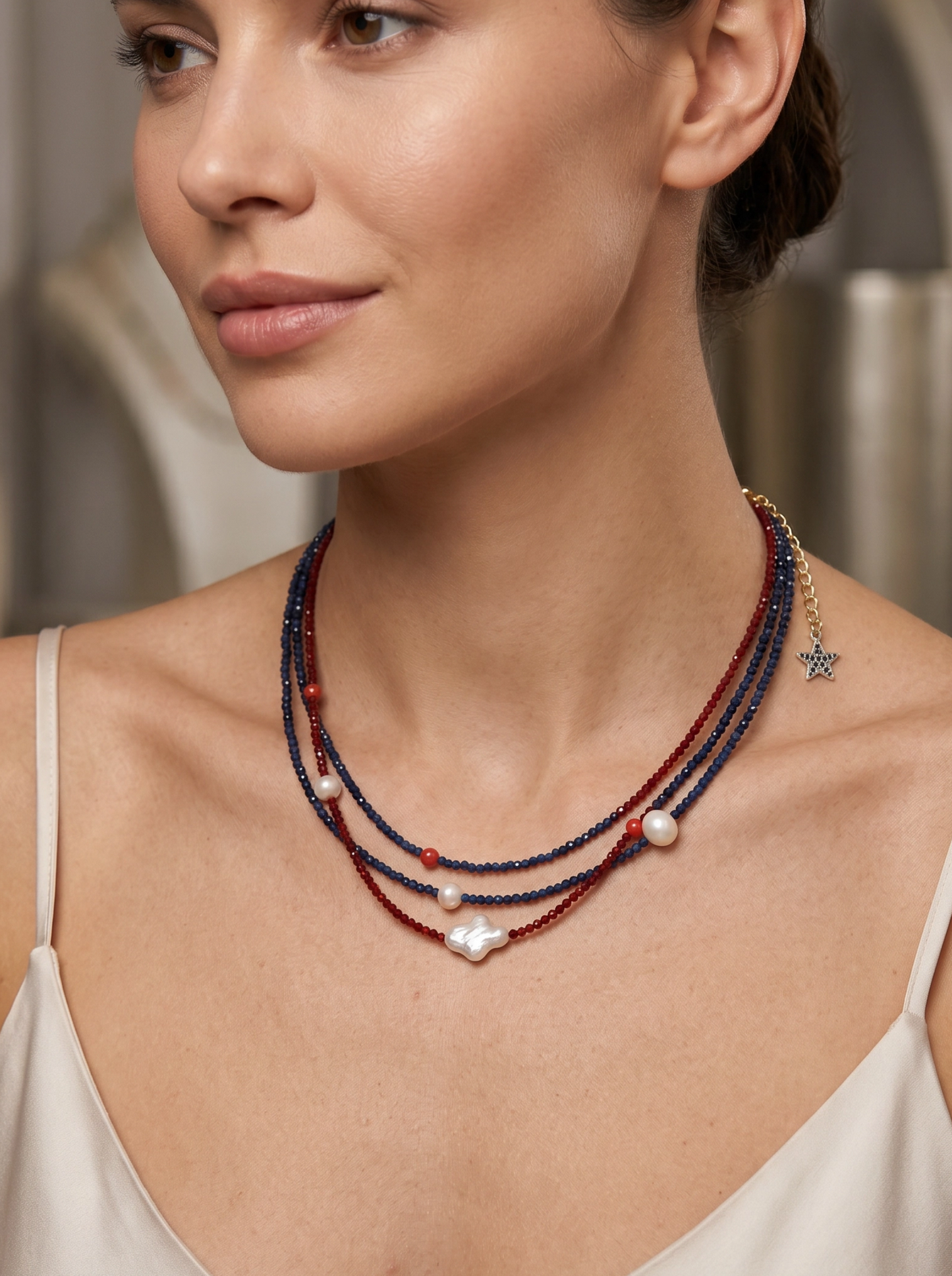 Collana Lucky Stone – Cristalli  Zaffiro e Rubino, Perle d’Acqua Dolce e Argento 925